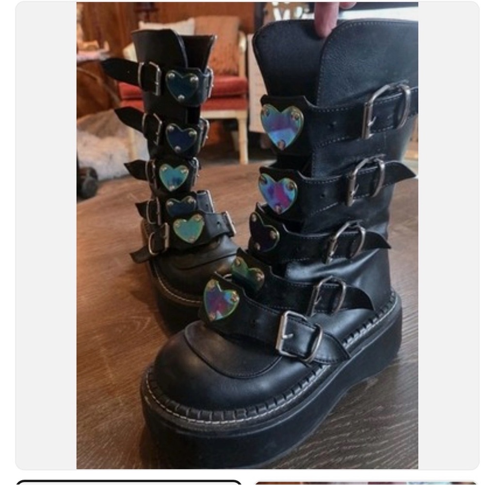 Demonia Emily-330 Black Platform Boots with Heart Buckles